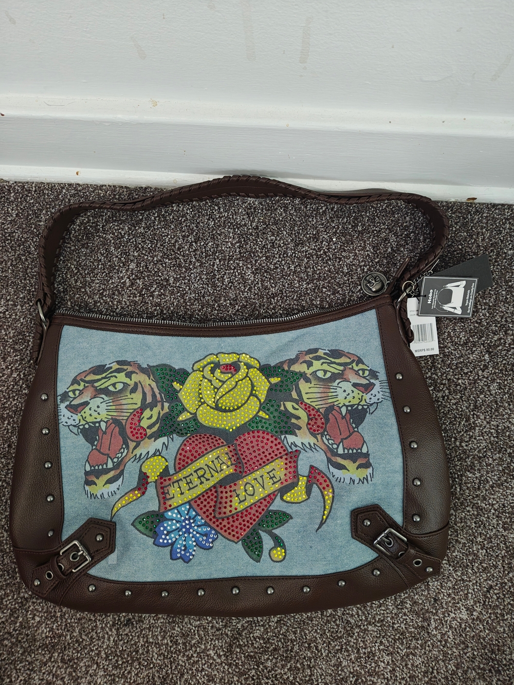 Ed Hardy HOBO Brown Leather-Trim Shoulder Bag